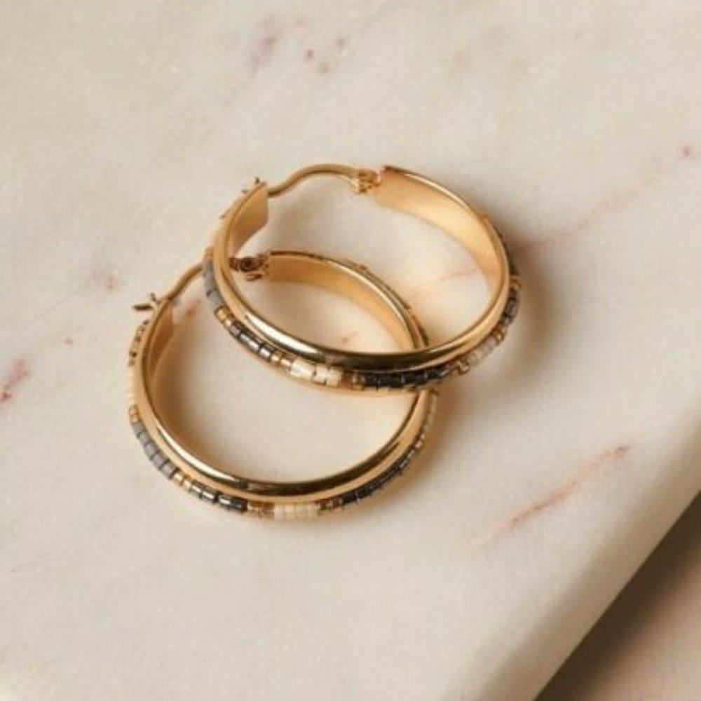 NWT Gold & Gray Beaded Accent Gold Hoop Earrings